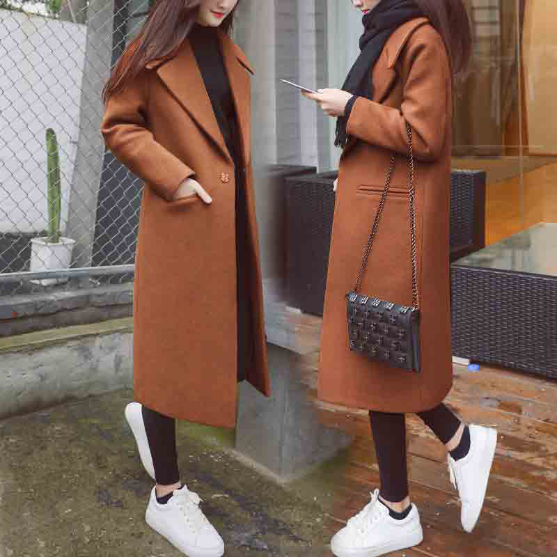 Korean Womens Wool cashmere Coat Loose Jacket Mid Long Parka Trench Outwear NEW