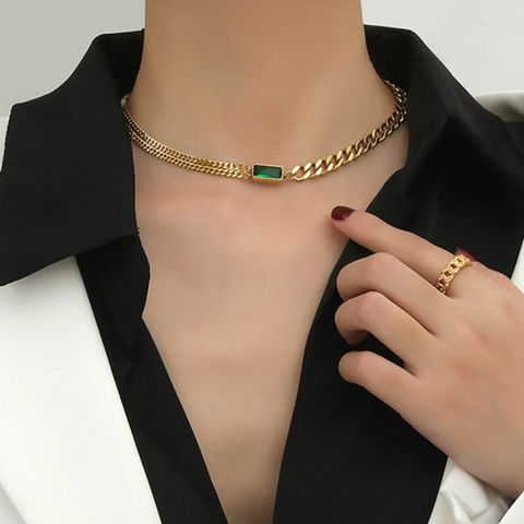 316L Stainless Steel Fashion Fine Jewelry Minimalism Green Zircon Charms Thick Neck Chain Choker Necklaces Pendants For Women ► Photo 1/1