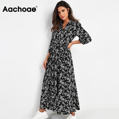 Aachoae Vintage Floral Print Maxi Dress Women Boho Three Quarter Sleeve Long Dress Turn Down Collar Casual Shirt Dresses Robe ► Photo 1/6
