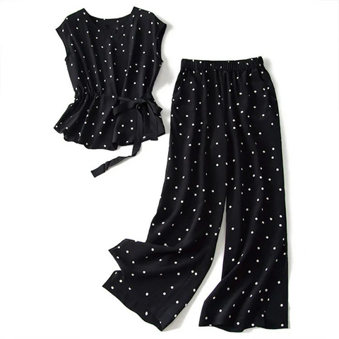 Fashion black polka dot chiffon shirt and pants two-piece suit 2022 summer plus size Korean wide-leg pants light top suit ► Photo 1/6