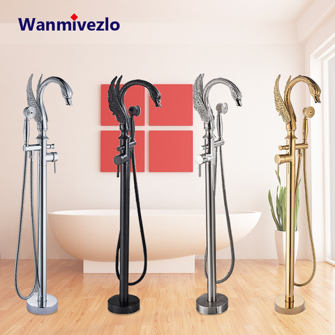 Swan Shape Spout Bathtub Faucet Freestanding Bathroom Bath Tub Mixer Tap Single Handle With Handshower Floor Mounted Bath Shower ► Photo 1/6