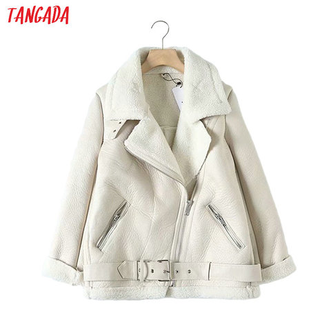 Tangada Women beige fur faux leather jacket coat with belt turn down collar Ladies 2022 Winter Thick Warm Oversized Coat 5B01 ► Photo 1/5