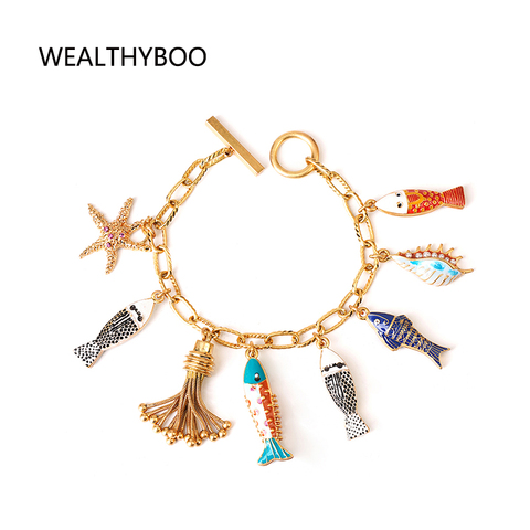 Bohemia Ocean Beauty Charms Bracelet Bangle Hand Enamel Fishes Conch Seastar Tassel Pendants Toggle Bracelet Pulseras ► Photo 1/6