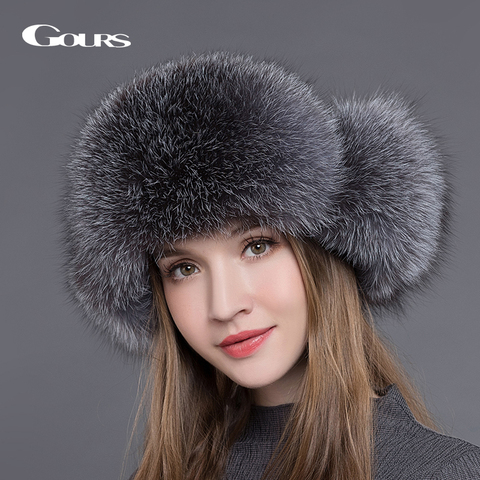 Gours Fur Hat for Women Natural Raccoon Fox Fur Russian Ushanka Hats Winter Thick Warm Ears Fashion Bomber Cap Black New Arrival ► Photo 1/6