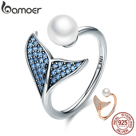 BAMOER Authentic 925 Sterling Silver Adjustable Dolphin Tail Blue CZ Finger Rings for Women Sterling Silver Jewelry Gift SCR286 ► Photo 1/6