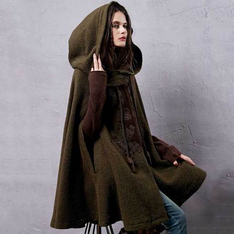 ARTKA Women's Winter New Vintage Warm Woolen Hoodie Cloak Coat Embroidered Drop-Shoulder Sleeve Wool Cape Outerwear WA10220D ► Photo 1/6