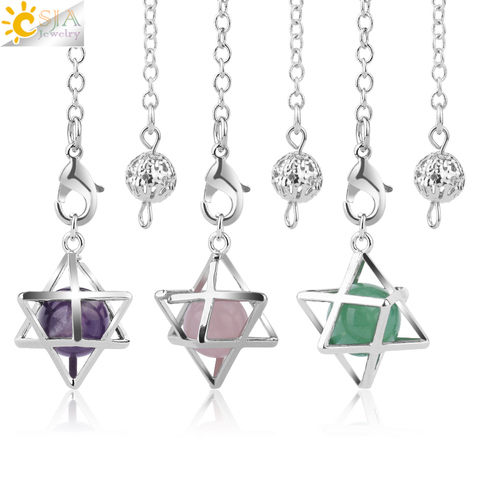 CSJA Reiki Natural Stone Merkaba Pendulum for Wicca Drowsing Hexagram Pendule Round Crystal Quartz Beads Pendants Jewellery F975 ► Photo 1/6