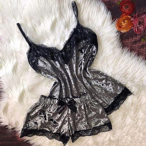 Womens Sleepwear Lace Sexy Sleepwear Underwear Women Pajama Set Lace suspender top within Temptation Lace satin shorts pajamas ► Photo 1/1