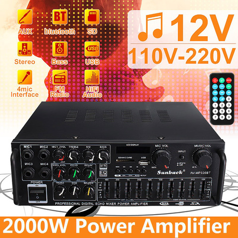 bluetooth 2.0 Channel 2000W Audio Power HiFi Amplifier 326BT 12V/220V AV Amp Speaker with Remote Control for Car Home ► Photo 1/6