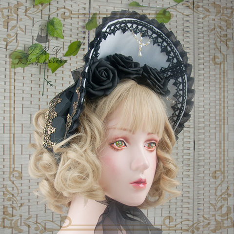 Gorgeous Gothic Vintage Soft Girl Lolita Victorian Court Sun Hat Bnt Cosplay Flower Multilayer Lace Bead Chain Bonnet Handmade ► Photo 1/6