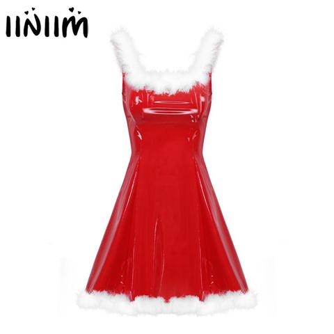 Womens Mrs Santa Claus Fancy Dress Christmas Costume Cosplay Clubwear Sleeveless Latex White Feather Trim A-line Dress with Hat ► Photo 1/6