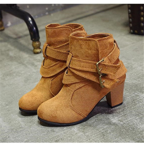 Size35-42 Buckle brown Suede Boots Women Black High Heel Ankle Boots Fashion Sexy Party Shoes Christmas Shoes for Women ► Photo 1/6