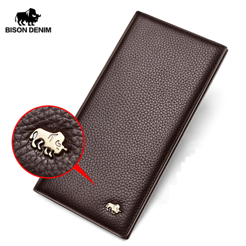 BISON DENIM Cowskin Long Purse For Men Wallet Business Men's Thin Soft Genuine Leather Wallet Card Holder Coin Purse N4470&N4391 ► Photo 1/6
