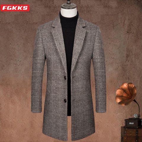 FGKKS New Wool Blend Coat Men Brand Men's Casual Thick Warm Long Section Overcoat Winter Slim Plaid Wool Coats Male ► Photo 1/6