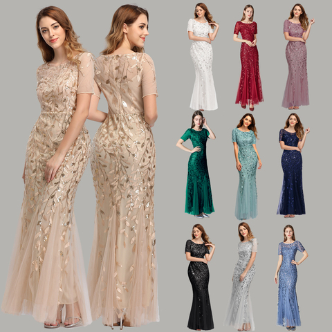 Plus Size Evening Dresses Mermaid O Neck Short Sleeve Lace Appliques Tulle Long Party Gown Robe Soiree Sexy Formal Dress vestido ► Photo 1/6