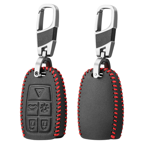 Leather Protective key fob cover case cap skin set for VOLVO C30 C70 S40 V40 V50 2008 2009 2010 2011 Remote 5 buttons keyless ► Photo 1/5