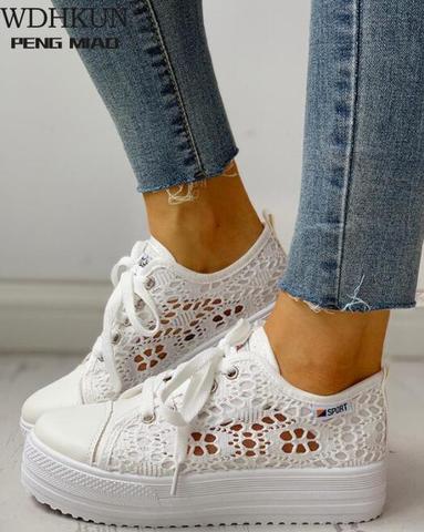 Women Shoes 2022 Fashion Summer Casual White Shoes Cutouts Lace Canvas Hollow Breathable Platform Flat Shoes Woman Sneakers ► Photo 1/6