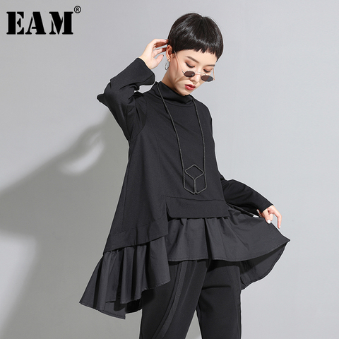 [EAM] Loose Fit Asymmetrical Ruffles Sweatshirt New High Collar Long Sleeve Women Big Size Fashion Tide Spring Autumn 2022 1A529 ► Photo 1/6