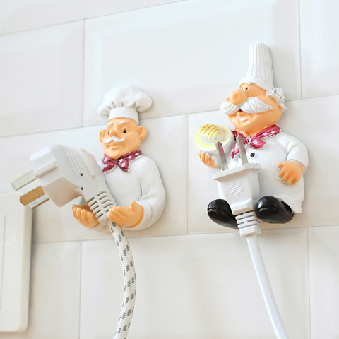 Cartoon Chef Plug Holder Power Cord Socket Hanger Organizer Wall Hanging Hook Resin Kitchen Hooks Gadgets Self Adhesive Creative ► Photo 1/6