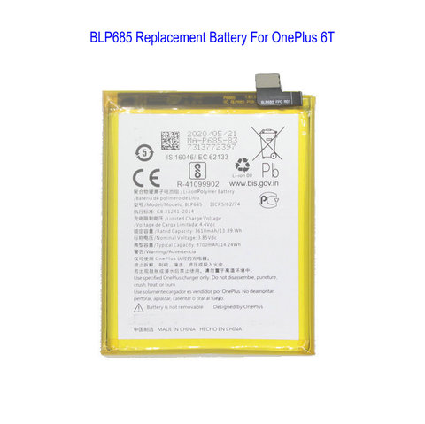 1x 3700mAh / 14.24Wh BLP685 Replacement Battery For OnePlus 6T One Plus 6T Batterie Bateria Batterij ► Photo 1/5