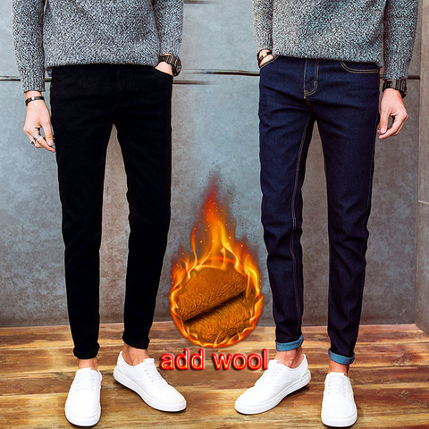 Hot 2022 autumn winter Casual thicken thermal Fleece thermal men's add wool Denim teenagers stretch pencil pants hot men's jeans ► Photo 1/6