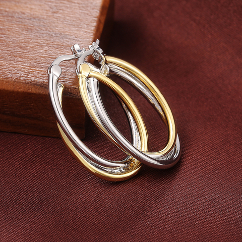 Huitan Fashion Two Tone Metal Hoop Earrings for Women Oval Intertwine Design Personality Girl Daily Wearable Jewelry Earrings ► Photo 1/5