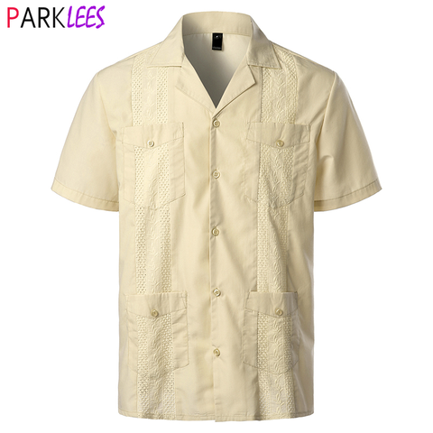 Men's Traditional Cuban Camp Collar Guayabera Shirt Short Sleeve Embroidered Mexican Caribbean Style Beach Shirt with 4 Pocket ► Photo 1/6