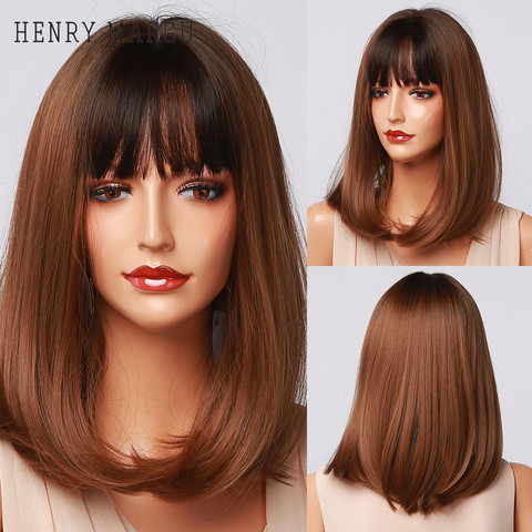 HENRY MARGU Short Straight Brown Bob Wig with Black Bangs for Black Women Daily Heat Resistant Synthetic Wig Shoulder Length Wig ► Photo 1/6