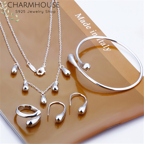 Charmhouse Silver 925 Jewelry Sets For Women Waterdrop Cuff Bangle Bracelet Necklace Ring Earrings 4 pcs Costume Jewelry Bijoux ► Photo 1/6