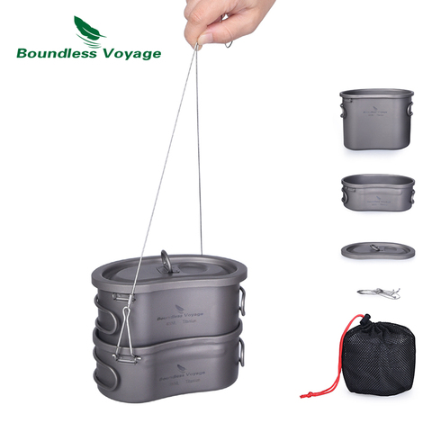 Boundless Voyage Titanium Camping Pot Set with Hanging Ring Lunch Box Portable Bowl Picnic Cookware Cooking Kit for Outdoor ► Photo 1/6