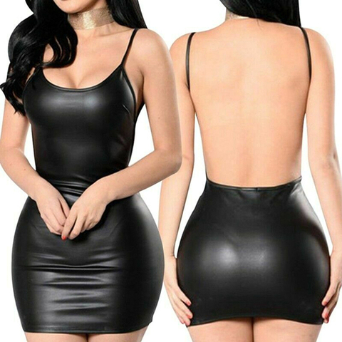 New Sexy Faux Leather Dress Backless Club Party Short Dress Solid Black Wet Look Latex Bodycon Push Up Bra Mini Micro Dress ► Photo 1/6