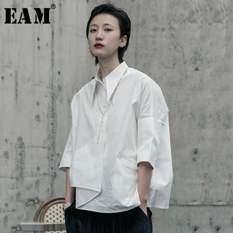 [EAM] Women White Asymmetrical Big Size Blouse New Lapel Long Sleeve Loose Fit Shirt Fashion Tide Spring Autumn 2022 1R590 ► Photo 1/6