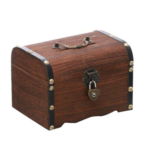 Treasure Chest Wooden Piggy Bank Money Box Savings For Coins Cash Safe Storage Case Retro With Lock Crafts Home Decoration ► Photo 1/5