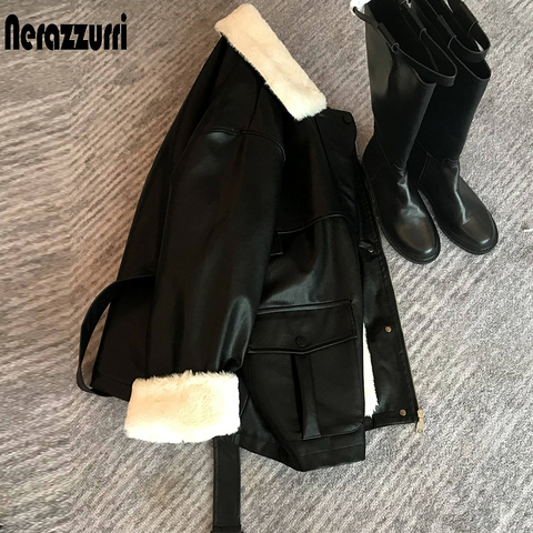 Nerazzurri Winter oversized leather jacket women with faux rex rabbit fur inside Warm soft thickened fur lined coat long sleeve ► Photo 1/6