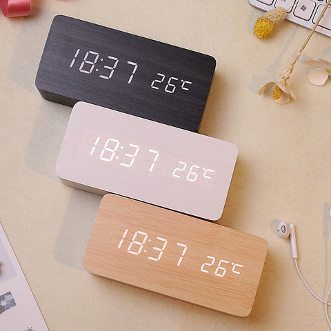 USB/AAA  Clocks LED Wooden Alarm Clock Watch Table Voice Control Digital Wood Despertador Electronic Desktop Table Decor ► Photo 1/6