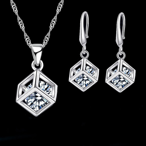 Happy Cube 925 Sterling Silver  Fine Jewelry Sets Inside Cubic Zirconia Square Pendant Necklace Earring Wedding Set Gifts ► Photo 1/5