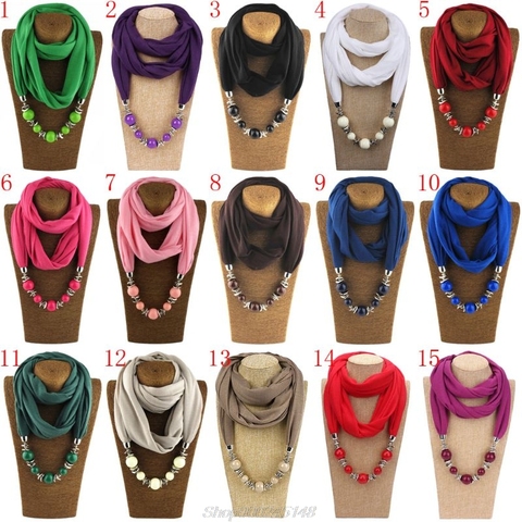 Womens Fashion Neckerchief Ring Scarf Necklaces Beads Solid Color Jewelry Shawl S01 20 Dropship ► Photo 1/6