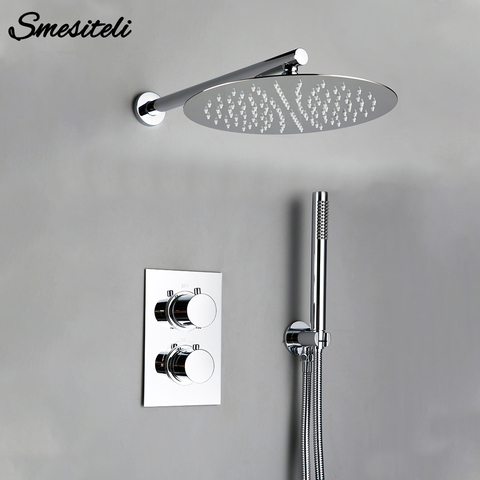 Smesiteli Bathroom Shower Set Chrome Rain Shower Faucet Wall  Mounted Thermostatic Valve System 8-12
