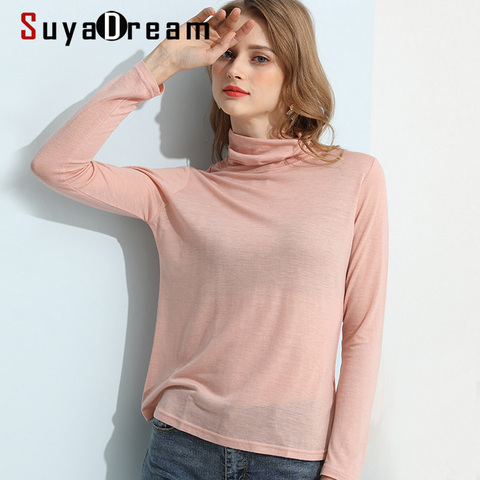 SuyaDream Women Solid T shirts Silk Wool Blend Solid Turtleneck Long Sleeved Bottoming Shirts 2022 Autumn Winter Basic Top ► Photo 1/6