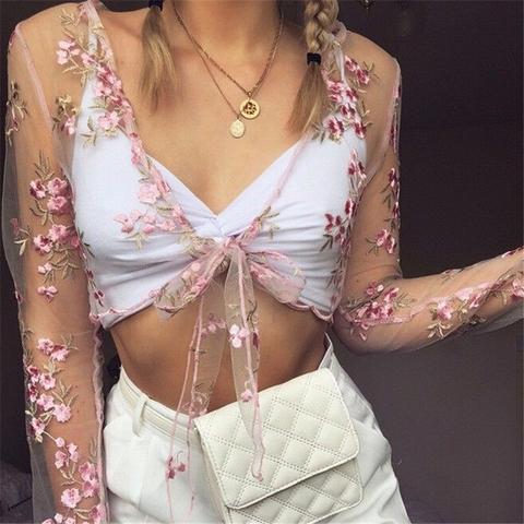 Women Sexy Mesh See through Floral Embroidery Crop Top Lady Summer Casual Long Sleeve Front Tie Up Blouse ► Photo 1/6