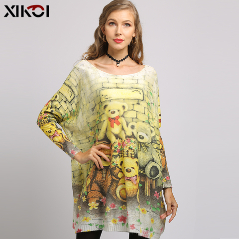 XIKOI Autumn New Lovely Teddy Bear Print Knitted Sweater Dresses Women Oversize Winter Pullover Long Pull Femme Batwing Sleevees ► Photo 1/1