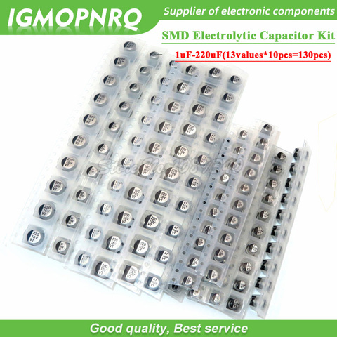 130PCS/LOT 1uF-220uF SMD Aluminum Electrolytic Capacitor Assorted Kit Set, 13values*10pcs=130pcs Samples Kit ► Photo 1/3