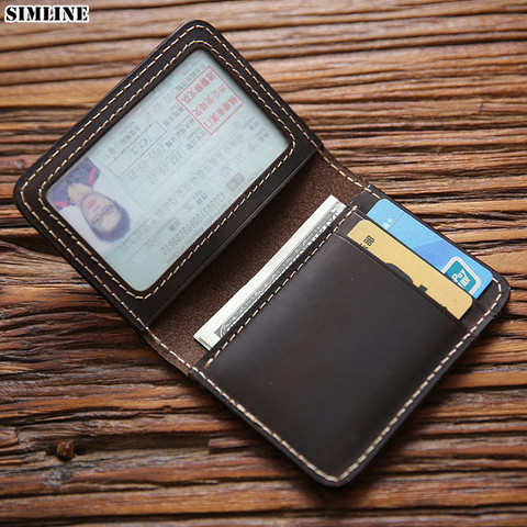 SIMLINE Genuine Leather Credit Card Holder For Men Vintage Short Handmade Bifold Slim Small Man Wallet Purse Driver License Case ► Photo 1/6
