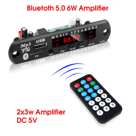 KEBIDU 2*3W Amplifier MP3 Player Decoder Board 12V Bluetooth 5.0 6W Amplifier Car FM Radio Module Support TF USB AUX FM ► Photo 1/6