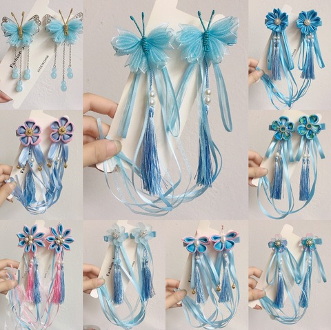 A pair of blue series Chinese style fringed ribbons, children's hairpin, flower headdress, Tang suit, Hanfu accessories, head fl ► Photo 1/6