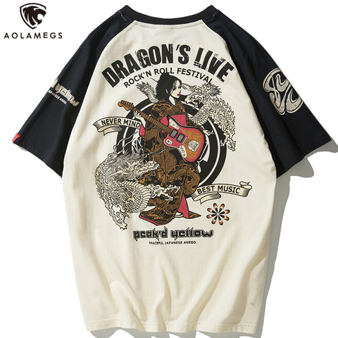 Aolamegs Men T-Shirt Japanese Geisha Dragon Print T Shirts Harajuku Baggy Raglan Sleeve Casual Tshirt Cotton Summer Streetwear ► Photo 1/6