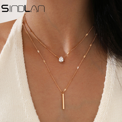 Sindlan 2Pcs Simple Crystal Geometric Gold Pendant Necklace Set for Women Charm Square Rhinestone Female Neck Jewelry Cool Gift ► Photo 1/6
