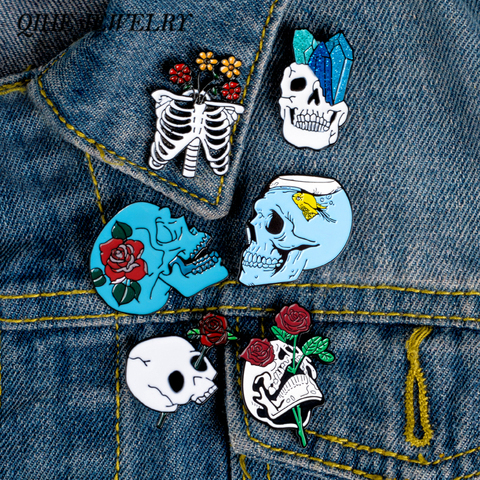 QIHE JEWELRY Flower Skull Enamel Pins Collection Skeleton Head Rose Lapel Pins Love and Death Badges Romantic Brooches ► Photo 1/6