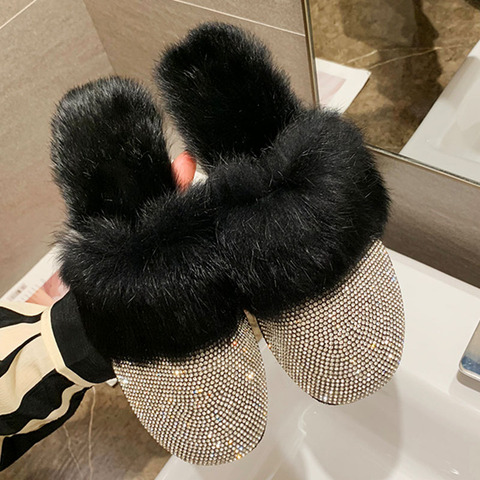 Big Size Women Slippers Ladies Round Toe Designer Shoes Luxury 2022 Rhinestone Fur Crystal Slippers Diamond Mules Flats Shoes ► Photo 1/6
