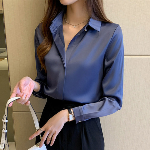 Silk Shirts Women White Shirt Women Long Sleeve Shirt Blouse Office Lady Satin Silk Blouse Tops Plus Size Woman Basic Shirt Top ► Photo 1/6